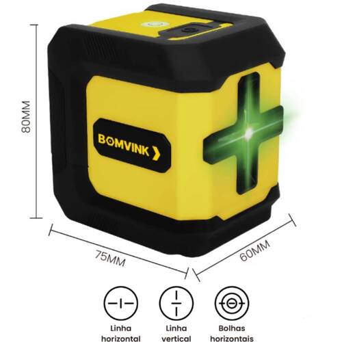 N�vel a laser verde a bateria 2 linhas alcance de 15 m com suporte - BOM-6215