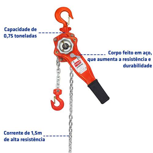 Talha manual de alavanca capacidade 750 kg corrente de 1,5 metro - LEVER750