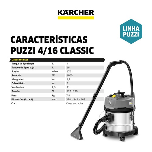 Extratora de carpete e Aspirador 16L 1600 watts - Puzzi 4/16 Classic 110V Extratora de carpete e Aspirador 16L 1600 watts - Puzzi 4/16 Classic 110V
