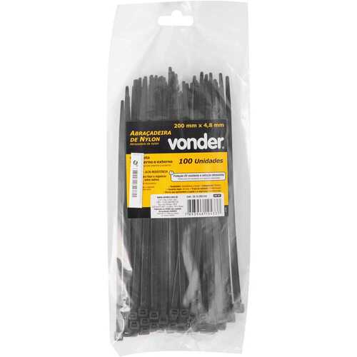 Abra�adeira de nylon preta 4,8 mm x 20 cm com 100 pe�as