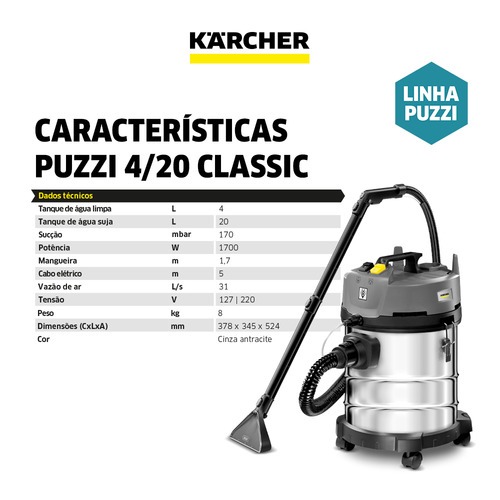 Extratora de carpetes e aspirador 20 Litros 1700 watts - Puzzi 4/20 220V Extratora de carpetes e aspirador 20 Litros 1700 watts - Puzzi 4/20 220V