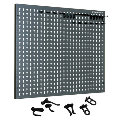 Painel para ferramentas perfurado metálico 725 x 575 mm com ganchos plásticos Painel para ferramentas perfurado metálico 725 x 575 mm com ganchos plásticos