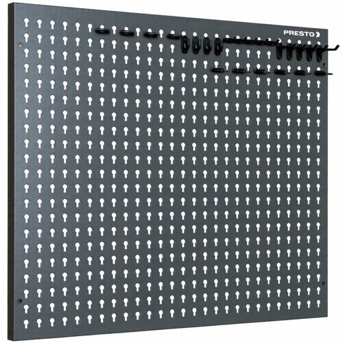 Painel para ferramentas perfurado metálico 725 x 575 mm com ganchos plásticos Painel para ferramentas perfurado metálico 725 x 575 mm com ganchos plásticos