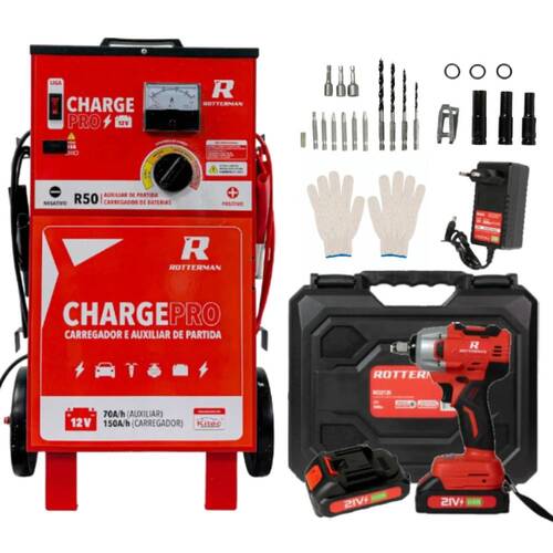 Kit Carregador bateria 12V 50A com auxiliar de partida - Charge PRO + Chave impacto Parafusadeira 21V 2 baterias RCI2135  110V/220V